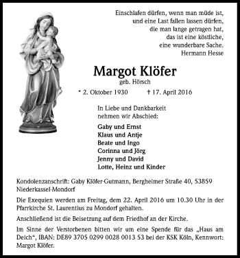 Anzeige von Margot Klöfer von Kölner Stadt-Anzeiger / Kölnische Rundschau / Express