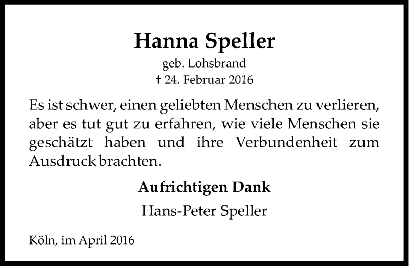  Traueranzeige für Hanna Speller vom 02.04.2016 aus Kölner Stadt-Anzeiger / Kölnische Rundschau / Express
