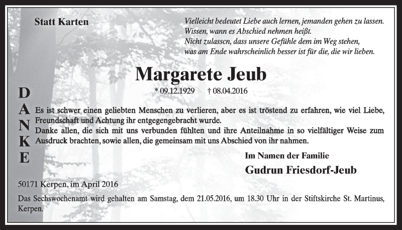  Traueranzeige für Margarete Jeub vom 27.04.2016 aus  Werbepost 