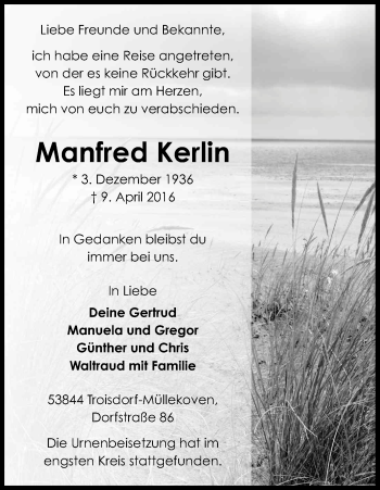 Anzeige von Manfred Kerlin von Kölner Stadt-Anzeiger / Kölnische Rundschau / Express