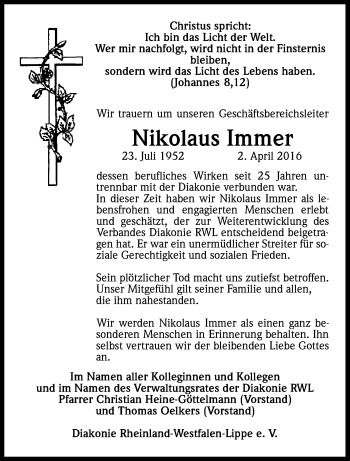 Anzeige von Nikolaus Immer von Kölner Stadt-Anzeiger / Kölnische Rundschau / Express