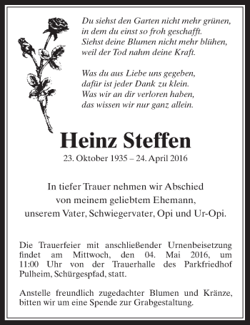 Anzeige von Heinz Steffen von  Sonntags-Post 
