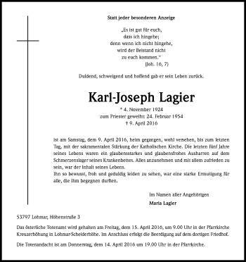 Anzeige von Karl-Joseph Lagier von Kölner Stadt-Anzeiger / Kölnische Rundschau / Express