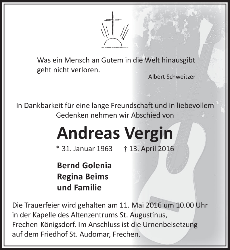  Traueranzeige für Andreas Vergin vom 30.04.2016 aus  Sonntags-Post 