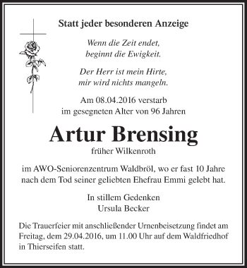 Anzeige von Artur Brensing von  Lokalanzeiger 