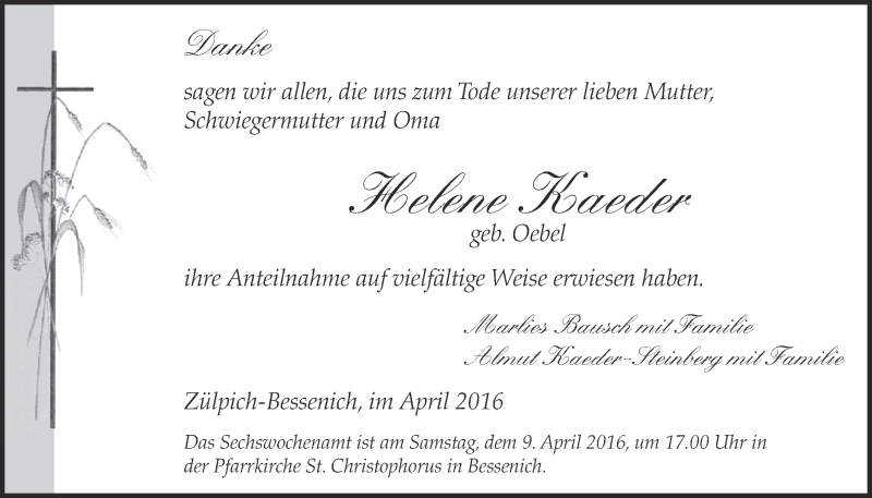  Traueranzeige für Helene Kaeder vom 02.04.2016 aus  Blickpunkt Euskirchen 