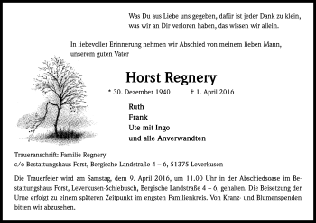 Anzeige von Horst Regnery von Kölner Stadt-Anzeiger / Kölnische Rundschau / Express