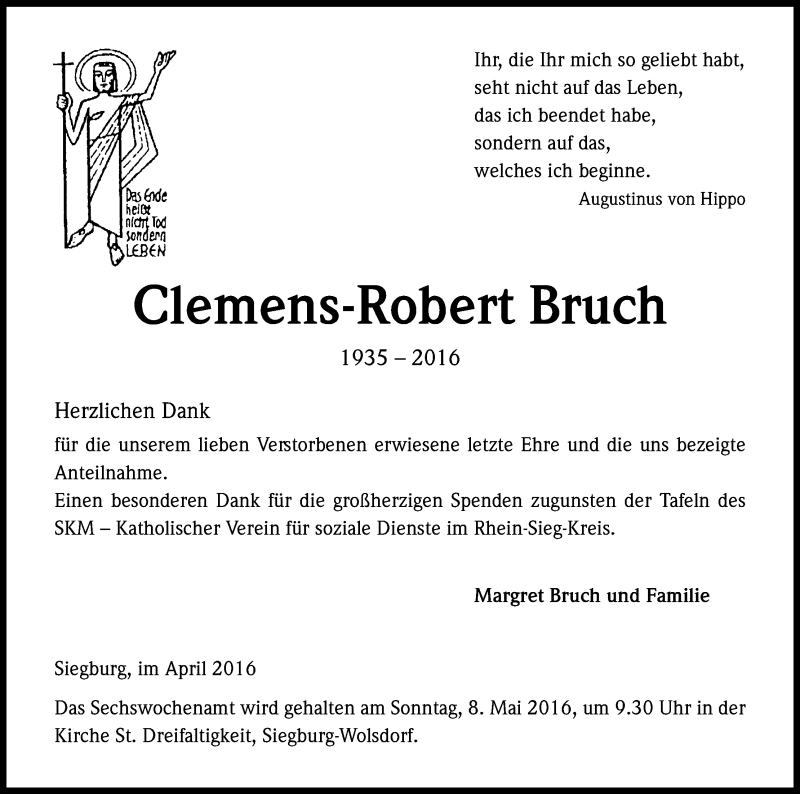  Traueranzeige für Clemens-Robert Bruch vom 16.04.2016 aus Kölner Stadt-Anzeiger / Kölnische Rundschau / Express