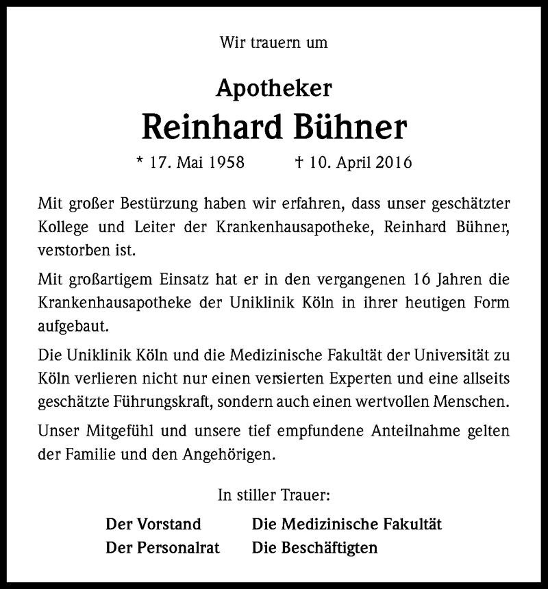  Traueranzeige für Reinhard Bühner vom 20.04.2016 aus Kölner Stadt-Anzeiger / Kölnische Rundschau / Express