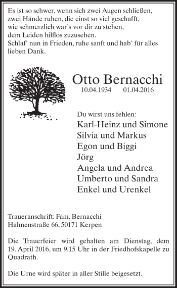 Anzeige von Otto Bernacchi von  Sonntags-Post 
