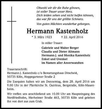 Anzeige von Hermann Kastenholz von Kölner Stadt-Anzeiger / Kölnische Rundschau / Express