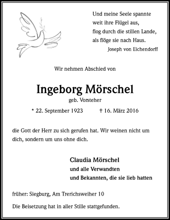 Anzeige von Ingeborg Mörschel von Kölner Stadt-Anzeiger / Kölnische Rundschau / Express
