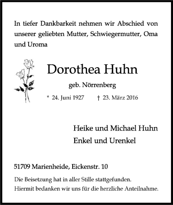 Anzeige von Dorothea Huhn von Kölner Stadt-Anzeiger / Kölnische Rundschau / Express