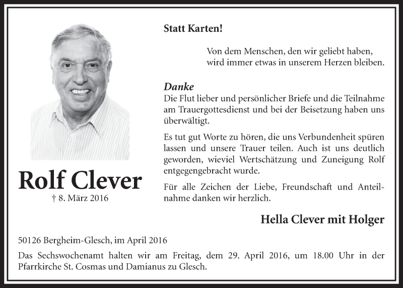  Traueranzeige für Rolf Clever vom 23.04.2016 aus  Sonntags-Post 
