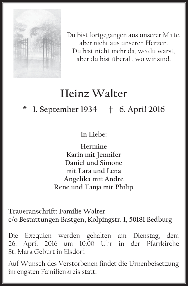  Traueranzeige für Heinz Walter vom 23.04.2016 aus  Sonntags-Post 