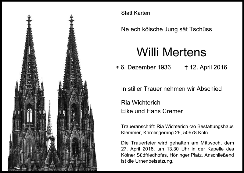  Traueranzeige für Willi Mertens vom 23.04.2016 aus Kölner Stadt-Anzeiger / Kölnische Rundschau / Express