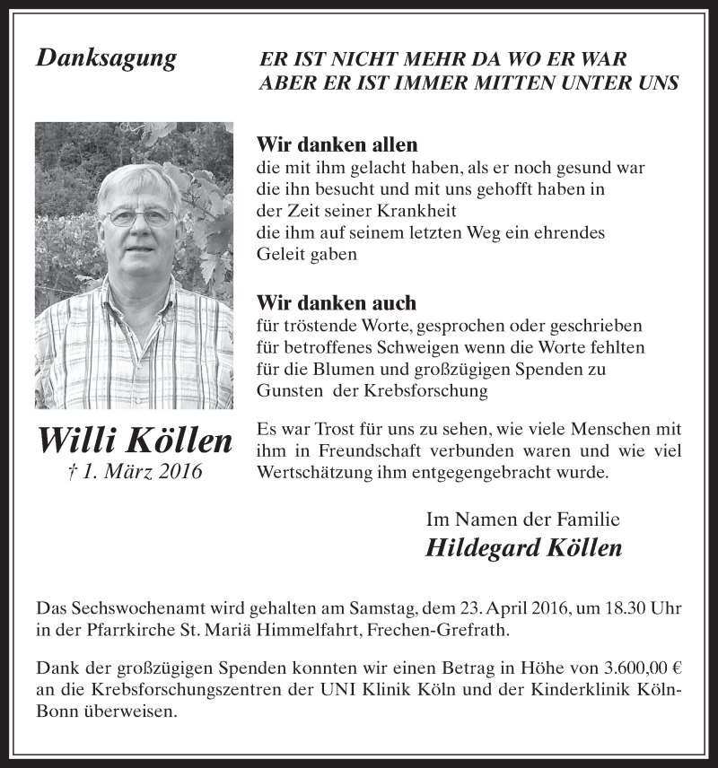  Traueranzeige für Willi Köllen vom 20.04.2016 aus  Wochenende 