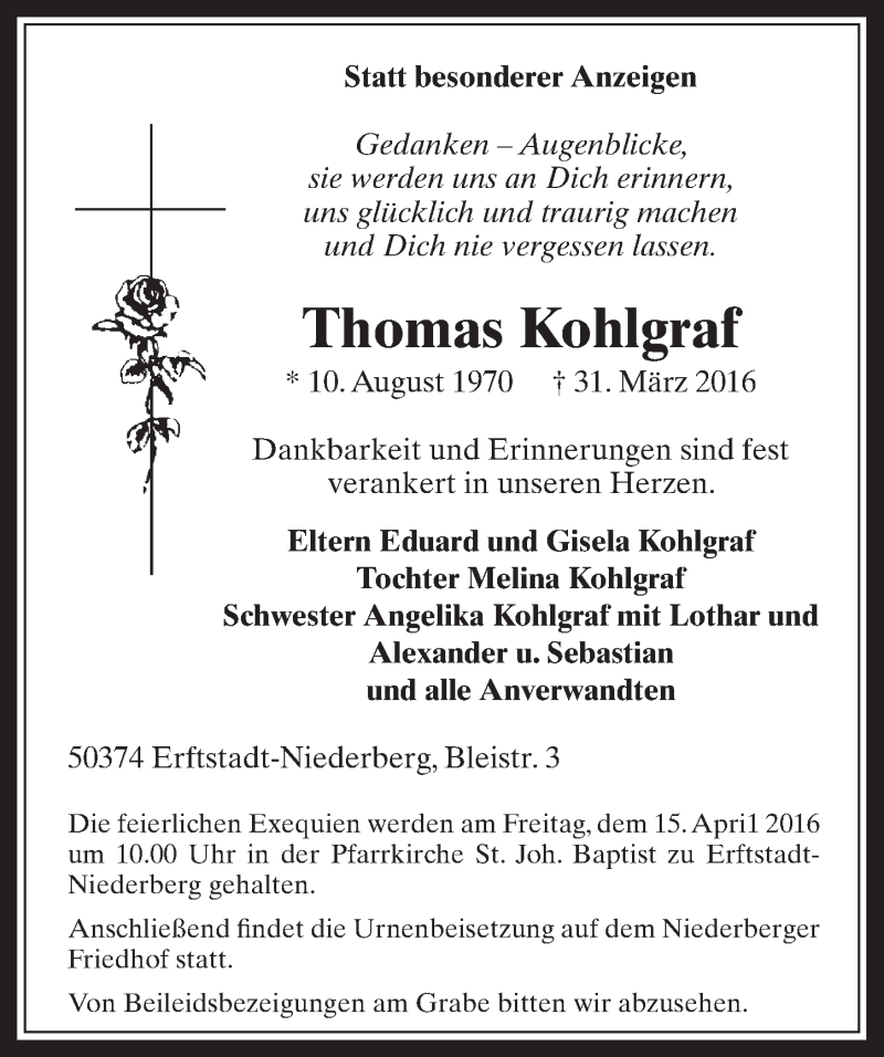  Traueranzeige für Thomas Kohlgraf vom 13.04.2016 aus  Werbepost 
