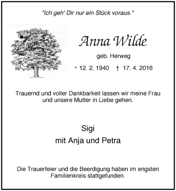Anzeige von Anna Wilde von  Kölner Wochenspiegel 