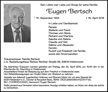 Anzeige von Eugen Bertsch von Kölner Stadt-Anzeiger / Kölnische Rundschau / Express