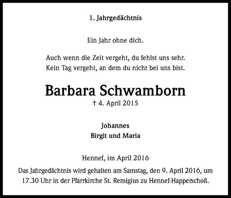  Traueranzeige für Barbara Schwamborn vom 02.04.2016 aus Kölner Stadt-Anzeiger / Kölnische Rundschau / Express