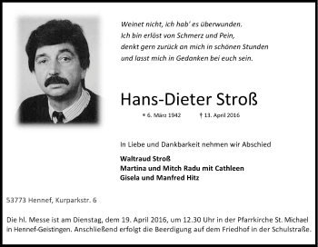 Anzeige von Hans-Dieter Stroß von Kölner Stadt-Anzeiger / Kölnische Rundschau / Express