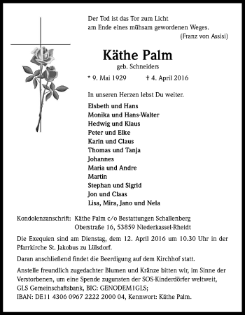 Anzeige von Käthe Palm von Kölner Stadt-Anzeiger / Kölnische Rundschau / Express