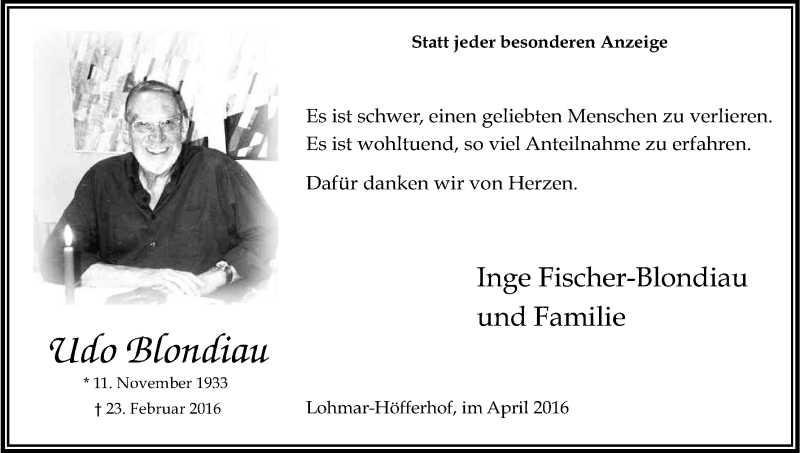  Traueranzeige für Udo Blondiau vom 09.04.2016 aus Kölner Stadt-Anzeiger / Kölnische Rundschau / Express