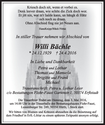 Anzeige von Willi Bächle von  Sonntags-Post 