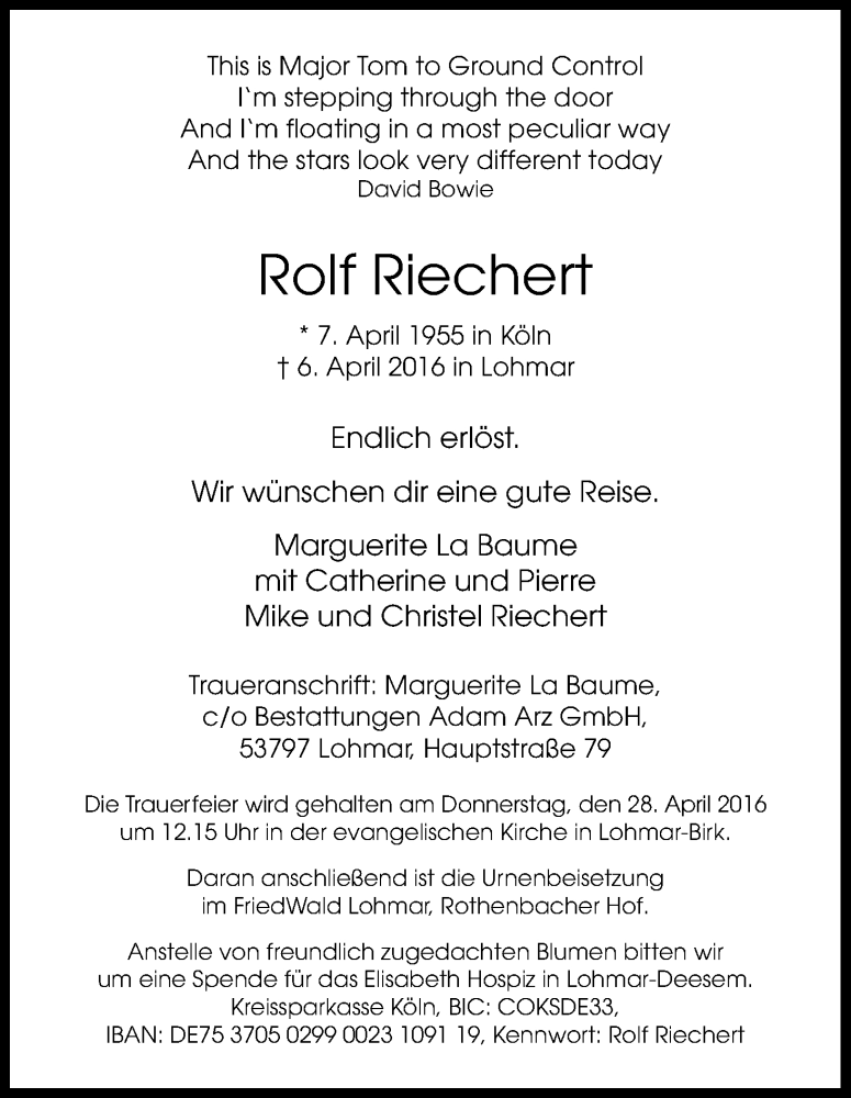  Traueranzeige für Rolf Riechert vom 16.04.2016 aus Kölner Stadt-Anzeiger / Kölnische Rundschau / Express