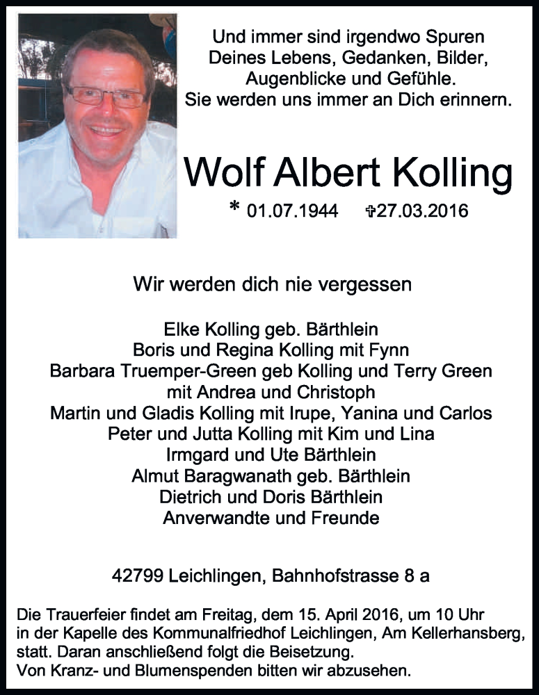  Traueranzeige für Wolf Albert Kolling vom 09.04.2016 aus Kölner Stadt-Anzeiger / Kölnische Rundschau / Express