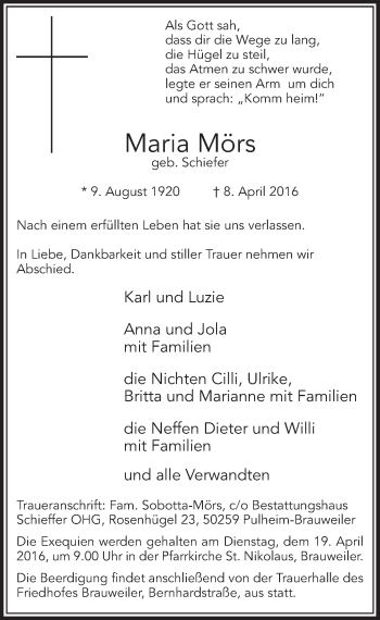Anzeige von Maria Mörs von  Sonntags-Post 