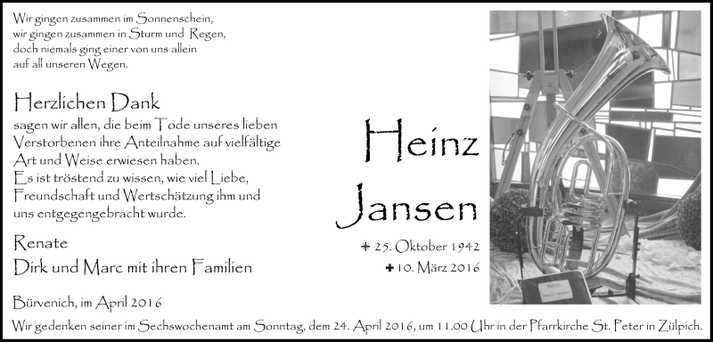  Traueranzeige für Heinz Jansen vom 16.04.2016 aus  Blickpunkt Euskirchen 
