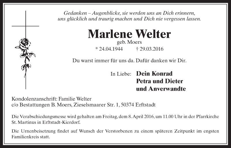  Traueranzeige für Marlene Welter vom 06.04.2016 aus  Werbepost 