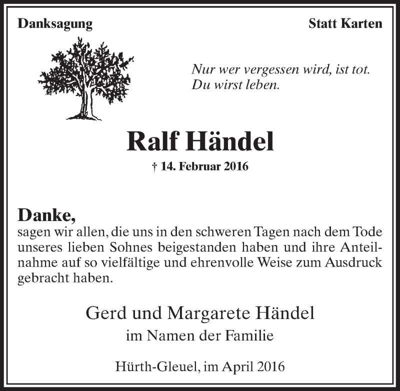  Traueranzeige für Ralf Händel vom 02.04.2016 aus  Sonntags-Post 
