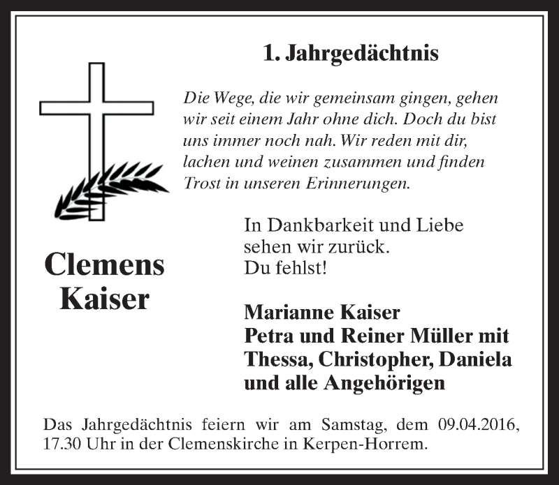  Traueranzeige für JahrClemens Kaiser vom 06.04.2016 aus  Werbepost 
