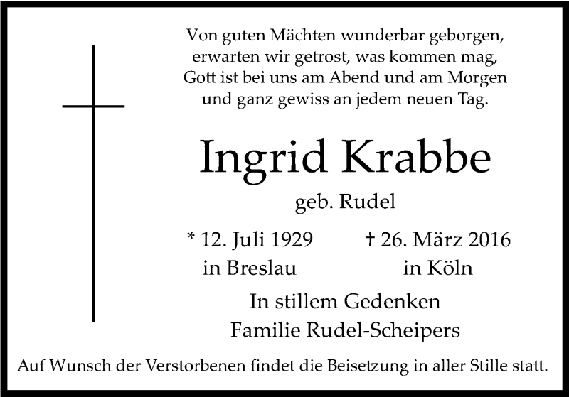  Traueranzeige für Ingrid Krabbe vom 02.04.2016 aus Kölner Stadt-Anzeiger / Kölnische Rundschau / Express