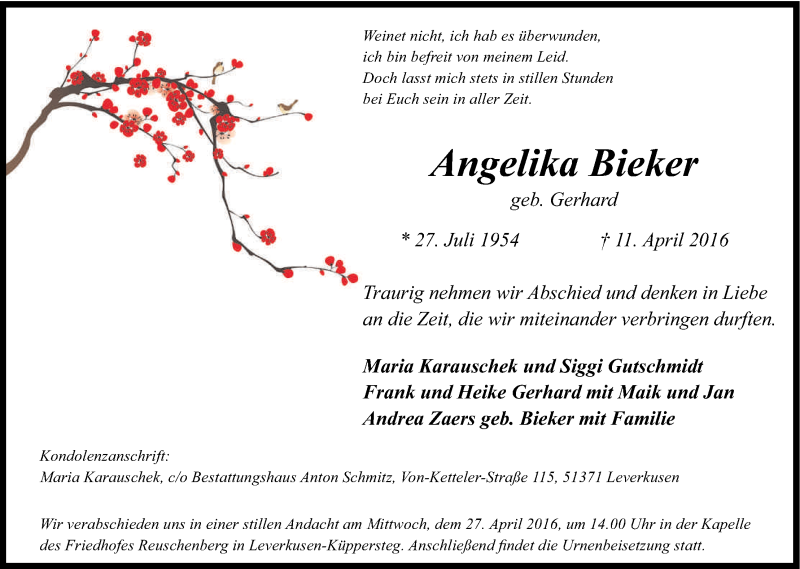 Traueranzeige für Angelika Bieker vom 20.04.2016 aus Kölner Stadt-Anzeiger / Kölnische Rundschau / Express