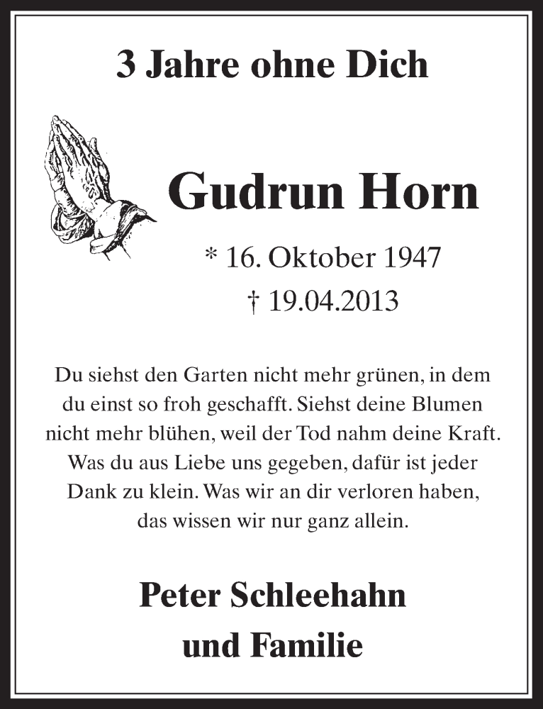  Traueranzeige für Gudrun Horn vom 23.04.2016 aus  Sonntags-Post 