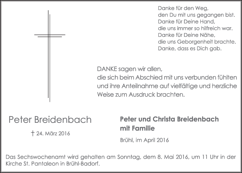  Traueranzeige für Peter Breidenbach vom 27.04.2016 aus  Schlossbote/Werbekurier 