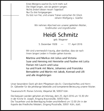 Anzeige von Heidi Schmitz von Kölner Stadt-Anzeiger / Kölnische Rundschau / Express