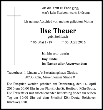 Anzeige von Ilse Theuer von Kölner Stadt-Anzeiger / Kölnische Rundschau / Express
