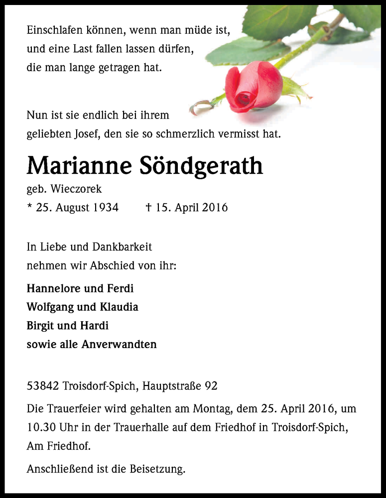  Traueranzeige für Marianne Söndgerath vom 20.04.2016 aus Kölner Stadt-Anzeiger / Kölnische Rundschau / Express