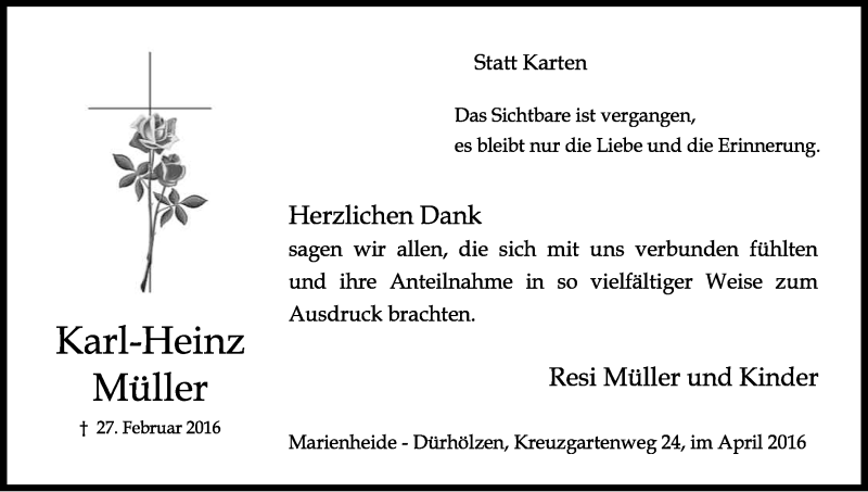  Traueranzeige für Karl-Heinz Müller vom 13.04.2016 aus Kölner Stadt-Anzeiger / Kölnische Rundschau / Express