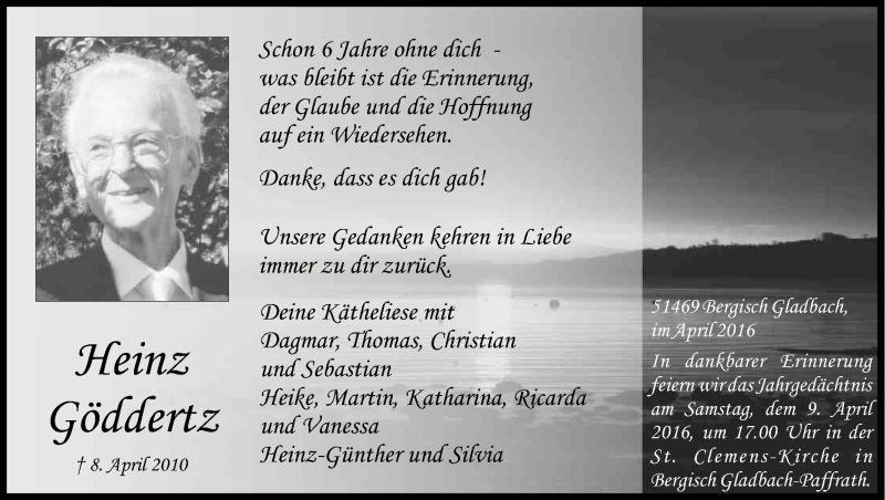  Traueranzeige für Heinz Göddertz vom 09.04.2016 aus Kölner Stadt-Anzeiger / Kölnische Rundschau / Express