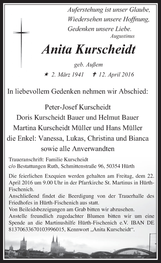  Traueranzeige für Anita Kurscheidt vom 20.04.2016 aus  Wochenende 
