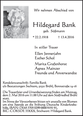 Anzeige von Hildegard Bank von  Schlossbote/Werbekurier 