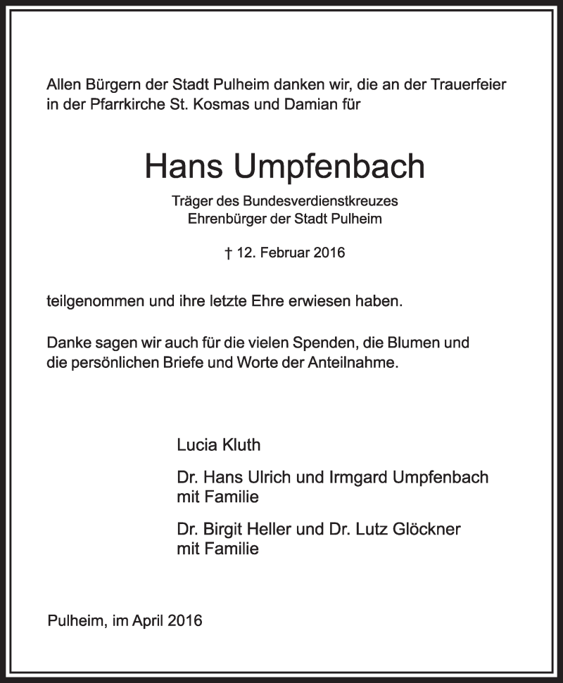  Traueranzeige für Hans Umpfenbach vom 16.04.2016 aus  Sonntags-Post 