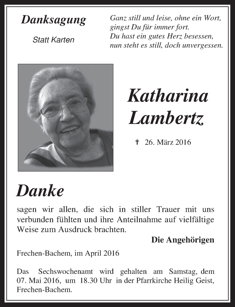  Traueranzeige für Katharina Lambertz vom 27.04.2016 aus  Wochenende 