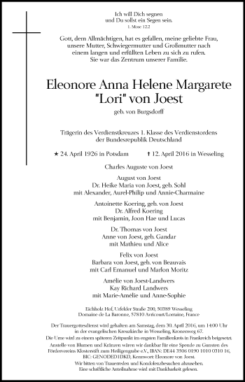 Anzeige von Eleonore Anna Helene Margarete von Joest von Kölner Stadt-Anzeiger / Kölnische Rundschau / Express